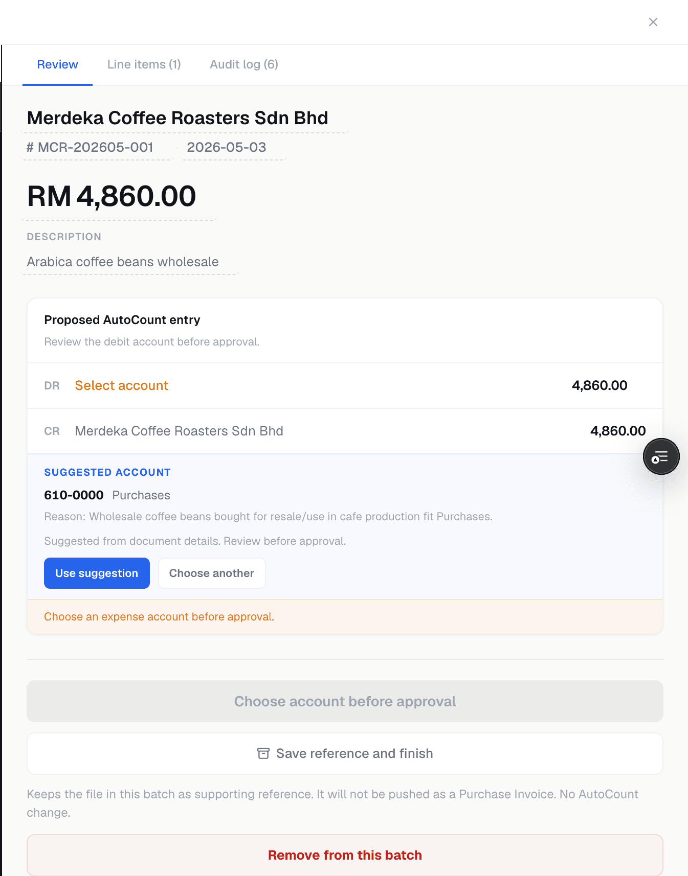 BalanceNow review screen: suggested AutoCount account 610-0000 Purchases with a readable reason, and Use suggestion / Choose another buttons