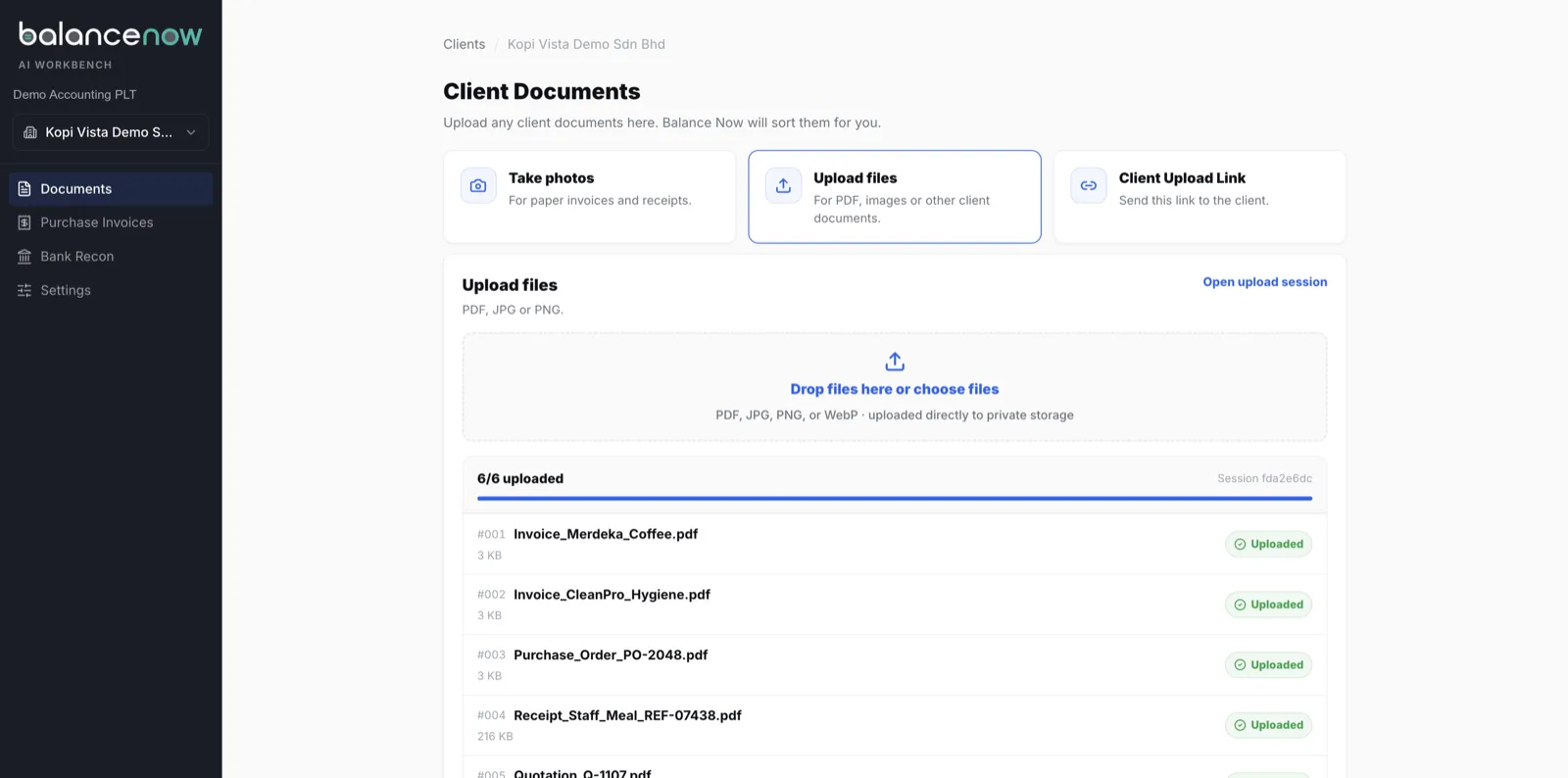 BalanceNow Client Documents screen with three intake routes — Take photos, Upload files, Client Upload Link — and a six-file upload queue including a purchase order, a quotation and a 30-page packet