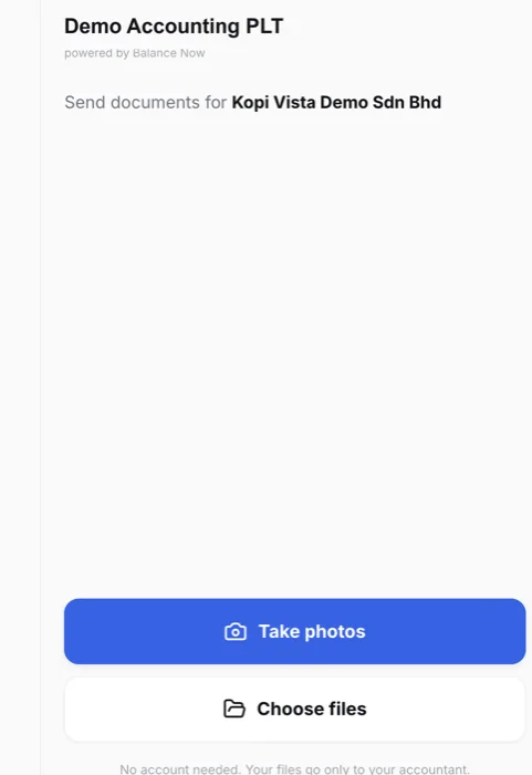 Client upload link on a phone: Send documents for Kopi Vista Demo Sdn Bhd, with Take photos and Choose files buttons and the note No account needed
