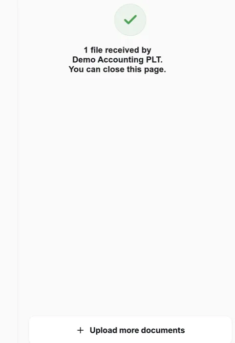 Client upload link confirmation on a phone: files received by the firm, you can close this page