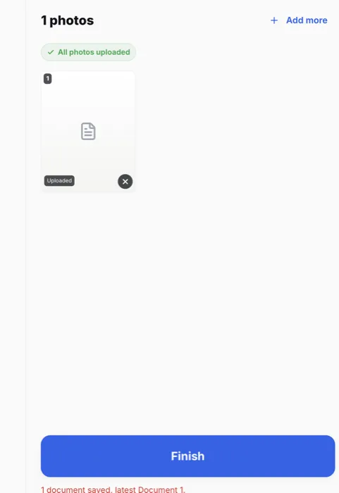 Client upload link on a phone showing one photo uploaded and a Finish button