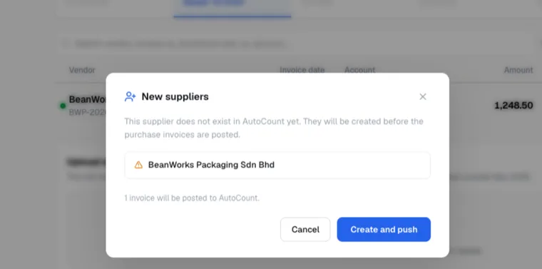 BalanceNow New suppliers dialog: this supplier does not exist in AutoCount yet and will be created before the purchase invoices are posted, with a Create and push button