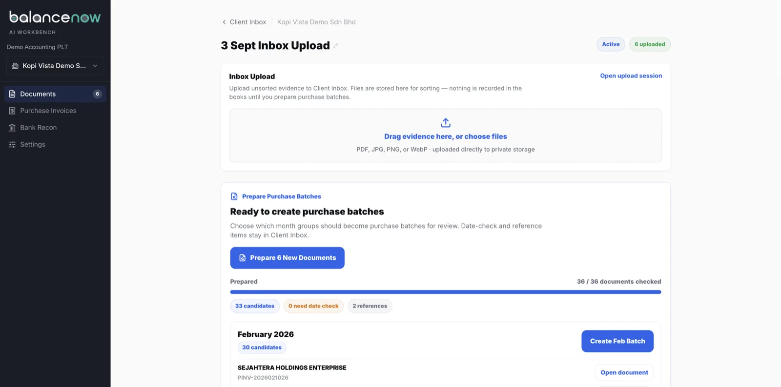 BalanceNow Prepare Purchase Batches screen showing 36 of 36 documents checked from a six-file upload, 33 purchase invoice candidates and 2 references, with a February 2026 batch of 30 candidates
