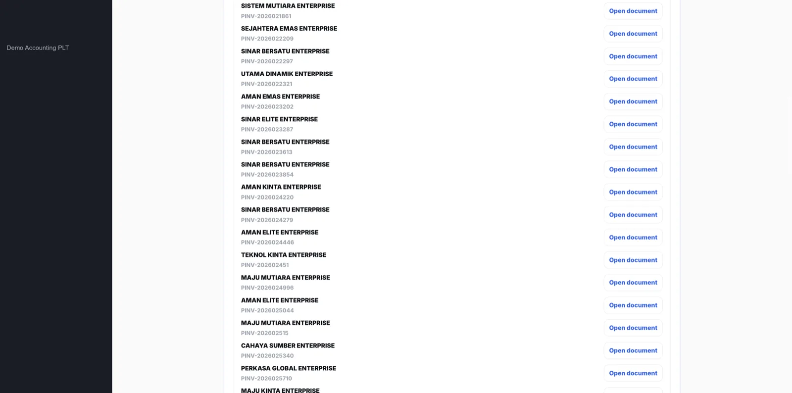 List of split purchase invoice candidates, each with its supplier name and its own PINV document number, ready to open individually